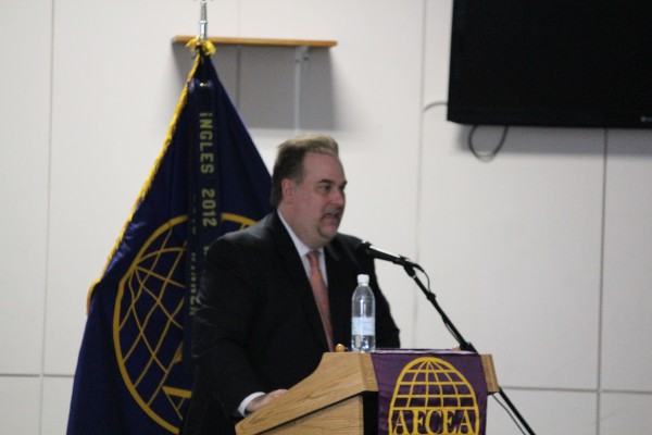 Cameron Chehreh, chief enterprise engineer and cloud ready professional, Intelligence Solutions Division, General Dynamics Information Technology, addresses the chapter in August. He stressed the importance of mission enablement and understanding how the cloud enables missions.